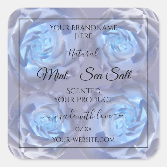 Floral Product Labels Luminous Light Blue Roses (Front)