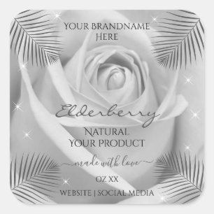 Floral Product Labels Silver Grey Rose Palm Leaves
