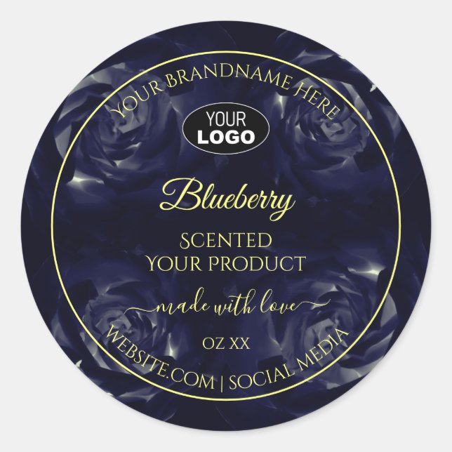 Floral Product Package Labels Dark Blue Roses Logo (Front)
