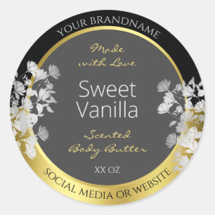 Floral Product Packaging Label Black Gold and Grey