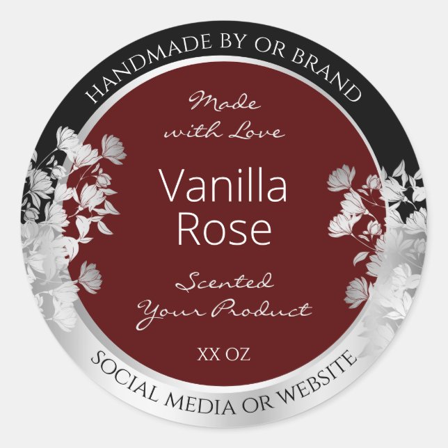 Floral Product Packaging Label Burgundy and Silver (Front)