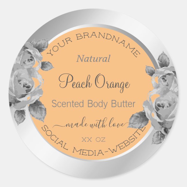 Floral Product Packaging Label Peach Orange Silver (Front)