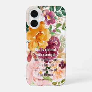 Floral Proverbs 31:25 She is Clothed Rustic iPhone 16 Case