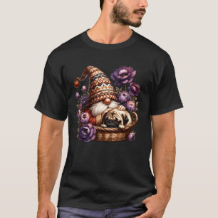 Floral Pug Dad Gnome For Flower Garden Lover And P T-Shirt