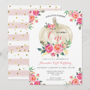 Floral Pumpkin 1st Birthday Invitation