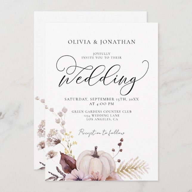 Floral Pumpkin All in 1 Budget QR Code Wedding  Invitation (Front/Back)