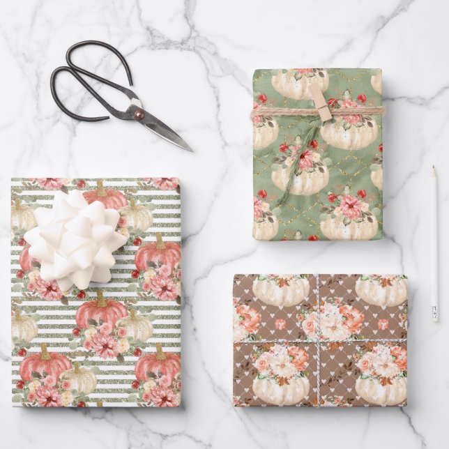 Floral Pumpkin Baby Shower Girl Birthday Party Wrapping Paper Sheet (Front)
