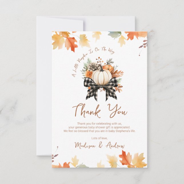 Floral Pumpkin Baby Shower with Plaid Ribbon Thank You Card (Front)