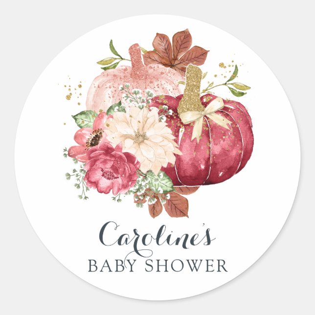 Floral Pumpkin Blush Marsala Baby Shower Classic Round Sticker (Front)