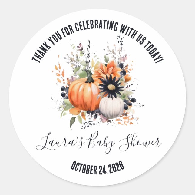 Floral Pumpkin Bouquet Baby Shower Favour Classic Round Sticker (Front)