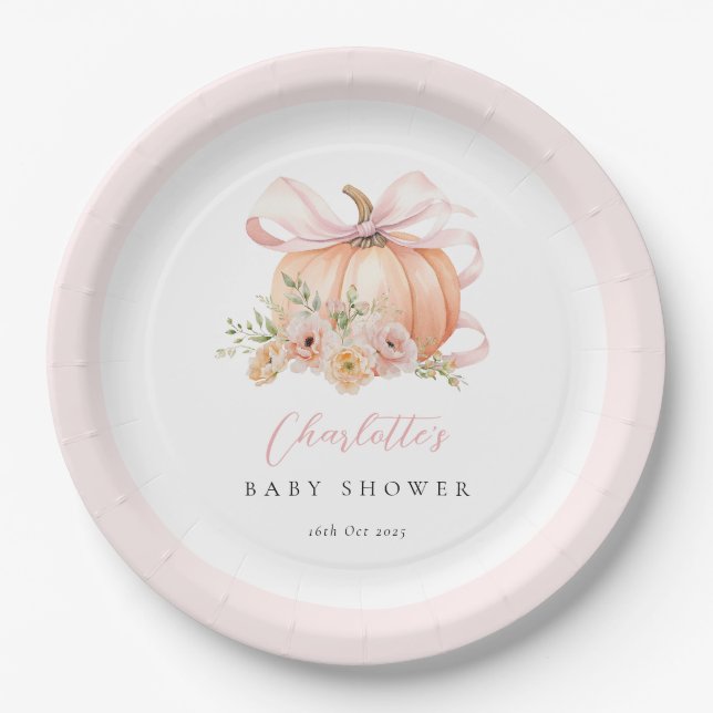 Floral Pumpkin Bow Baby Shower Paper Plate (Front)