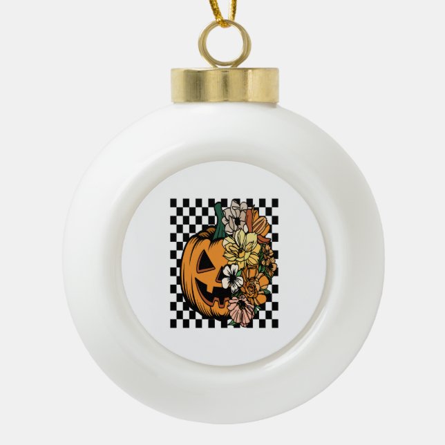 Floral Pumpkin Ceramic Ball Christmas Ornament (Front)