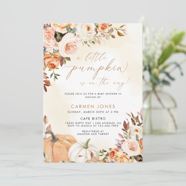 Floral Pumpkin Fall Baby Shower Gender Neutral Invitation (Standing Front)