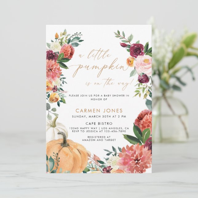 Floral Pumpkin Fall Baby Shower Gender Neutral Invitation (Standing Front)