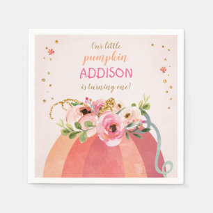 Floral Pumpkin Fall Girl Pink Gold Birthday Napkin
