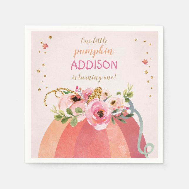 Floral Pumpkin Fall Girl Pink Gold Birthday Napkin (Front)