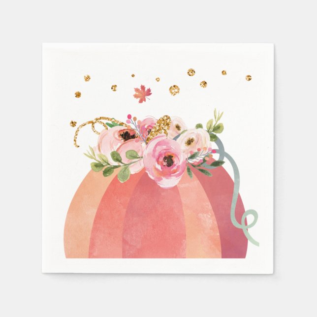 Floral Pumpkin Fall Girl Pink Gold Birthday Napkin (Front)
