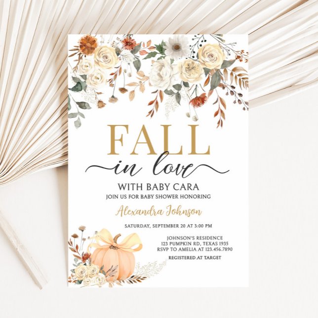 Floral Pumpkin Fall in Love Baby Shower Invitation (Fall in Love Floral Pumpkin Baby Shower Invitation)