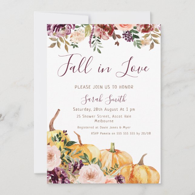 Floral Pumpkin Fall in Love Bridal Shower Invitation (Front)