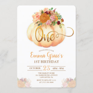 Floral Pumpkin First Birthday Invitation