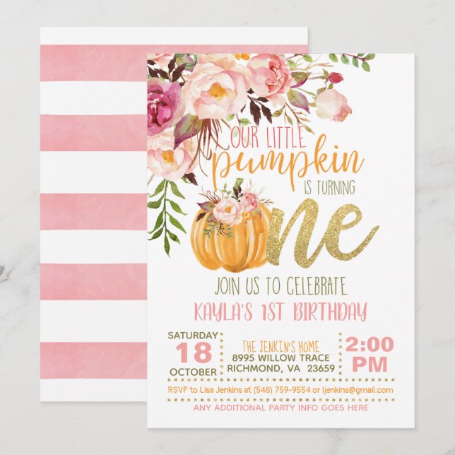 Floral Pumpkin First Birthday Invitation - Girl (Front/Back)