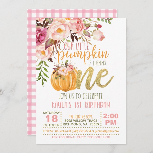 Floral Pumpkin First Birthday Invitation - Girl (Front/Back)