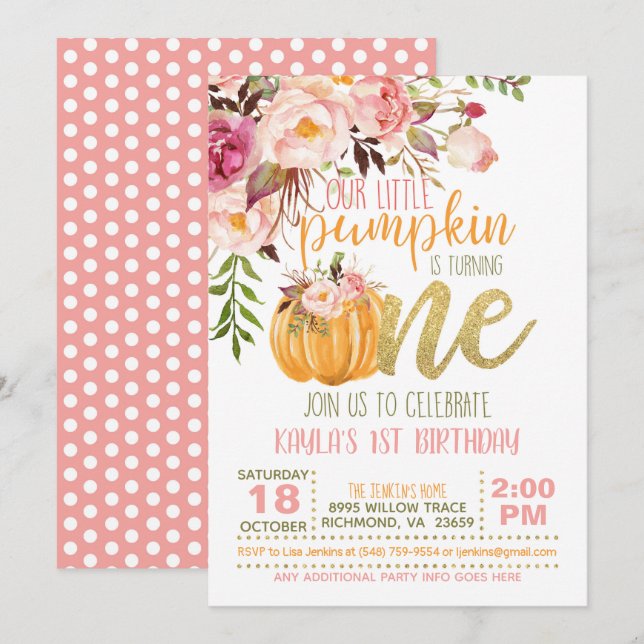 Floral Pumpkin First Birthday Invitation - Girl (Front/Back)