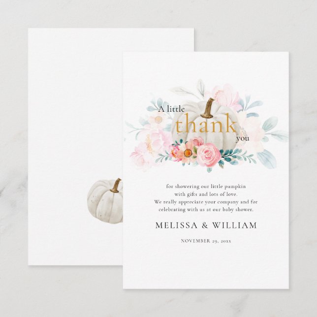 Floral Pumpkin Girl Baby Shower Fall Thank You Card (Front/Back)