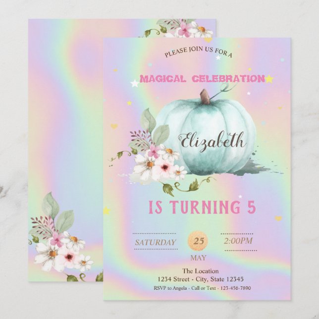  Floral Pumpkin Holographic Birthday  Invitation (Front/Back)
