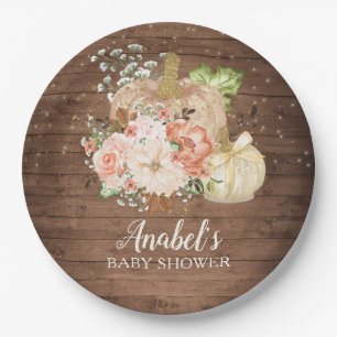Floral Pumpkin Rustic Wood Fall Baby Shower Paper Plate