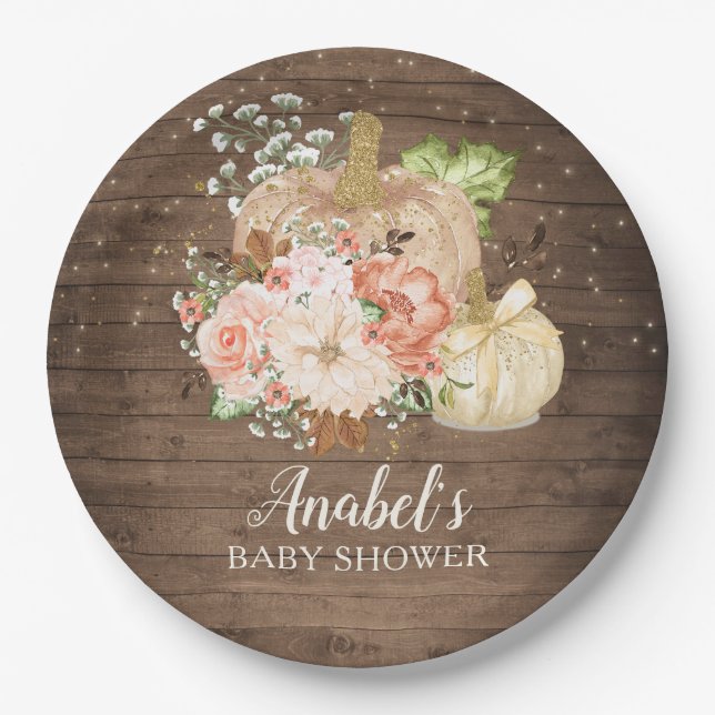 Floral Pumpkin Rustic Wood Fall Baby Shower Paper Plate (Front)