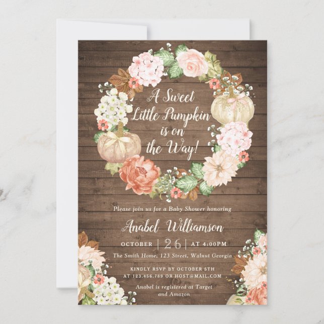 Floral Pumpkin Rustic Wood Wreath Baby Shower Invitation (Front)