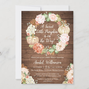 Floral Pumpkin Rustic Wood Wreath Baby Shower Invitation