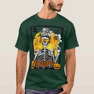 Floral Pumpkin Skeleton Messy Bun Drinking Coffee  T-Shirt