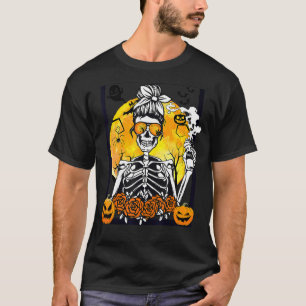 Floral Pumpkin Skeleton Messy Bun Drinking Coffee  T-Shirt