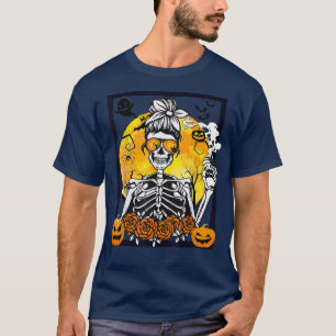 Floral Pumpkin Skeleton Messy Bun Drinking Coffee T-Shirt