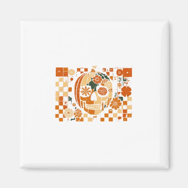 Floral Pumpkin Skull Checkered Fall Halloween Than Magnet (Front)