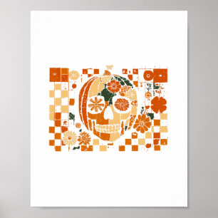 Floral Pumpkin Skull Checkered Fall Halloween Than Poster