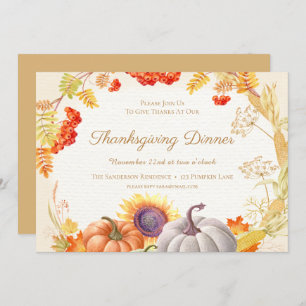 Floral Pumpkin Sunflower Thanksgiving Dinner Invitation