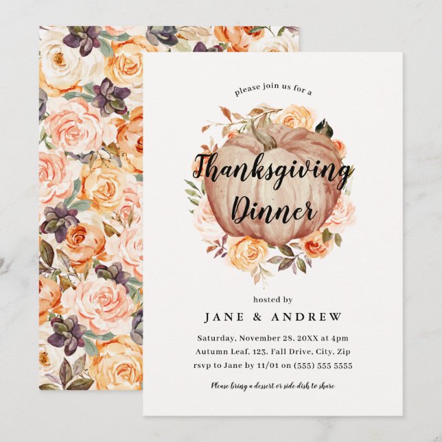 Floral Pumpkin Thanksgiving Dinner  Invitation (Front/Back)