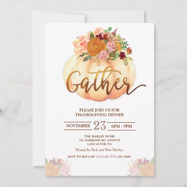 Floral Pumpkin Thanksgiving Dinner Invitation (Front)
