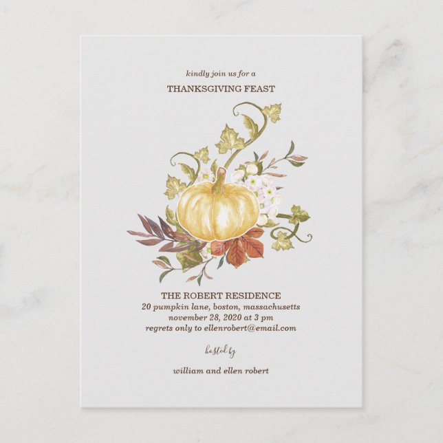 Floral Pumpkin Thanksgiving Dinner Invitation Postcard (Front)