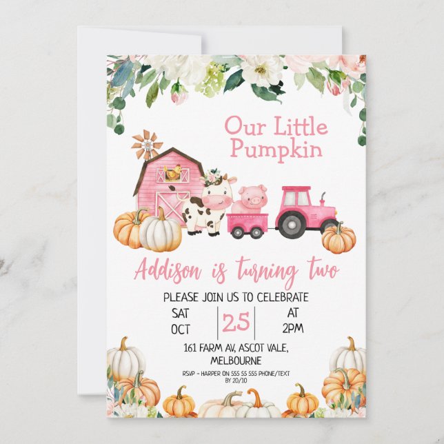 Floral Pumpkin Tractor Farm Birthday Invitation (Front)