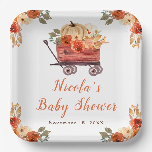 Floral Pumpkin Truck Baby Shower Paper Plate (Front)