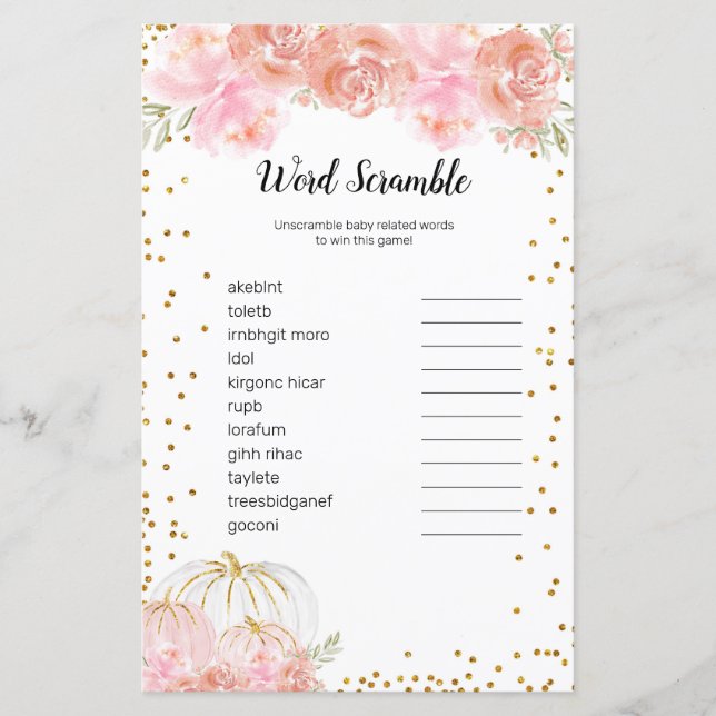 Floral Pumpkin Watercolor Word Scramble Game (Front)