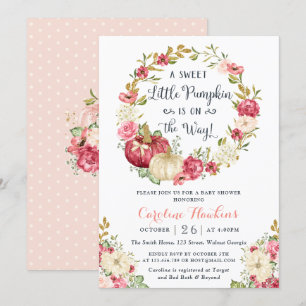 Floral Pumpkin Wreath Blush Glitter Baby Shower Invitation