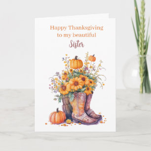 Floral Pumpkins Cowboy Boots Thanksgiving Sister Card