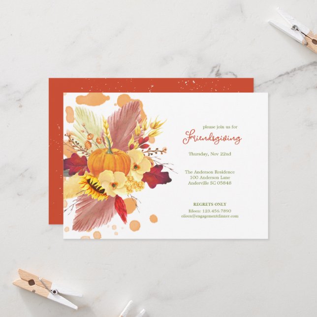 Floral Pumpkins Friendsgiving Thanksgiving Invitation (Front/Back In Situ)