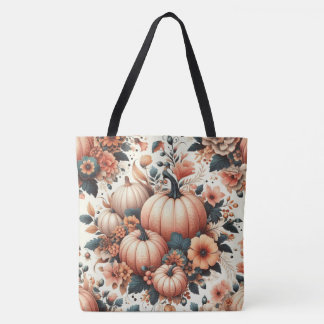 Floral pumpkins pattern tote bag