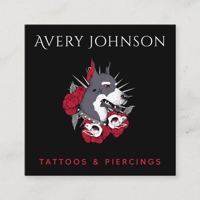 Floral Punk Rock Dog Tattoo Artist Social Media Square Business Card (Front)